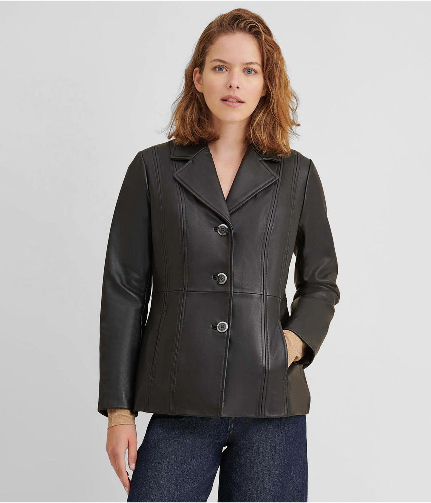 Women's Beige Leather Blazer with Corset Waist