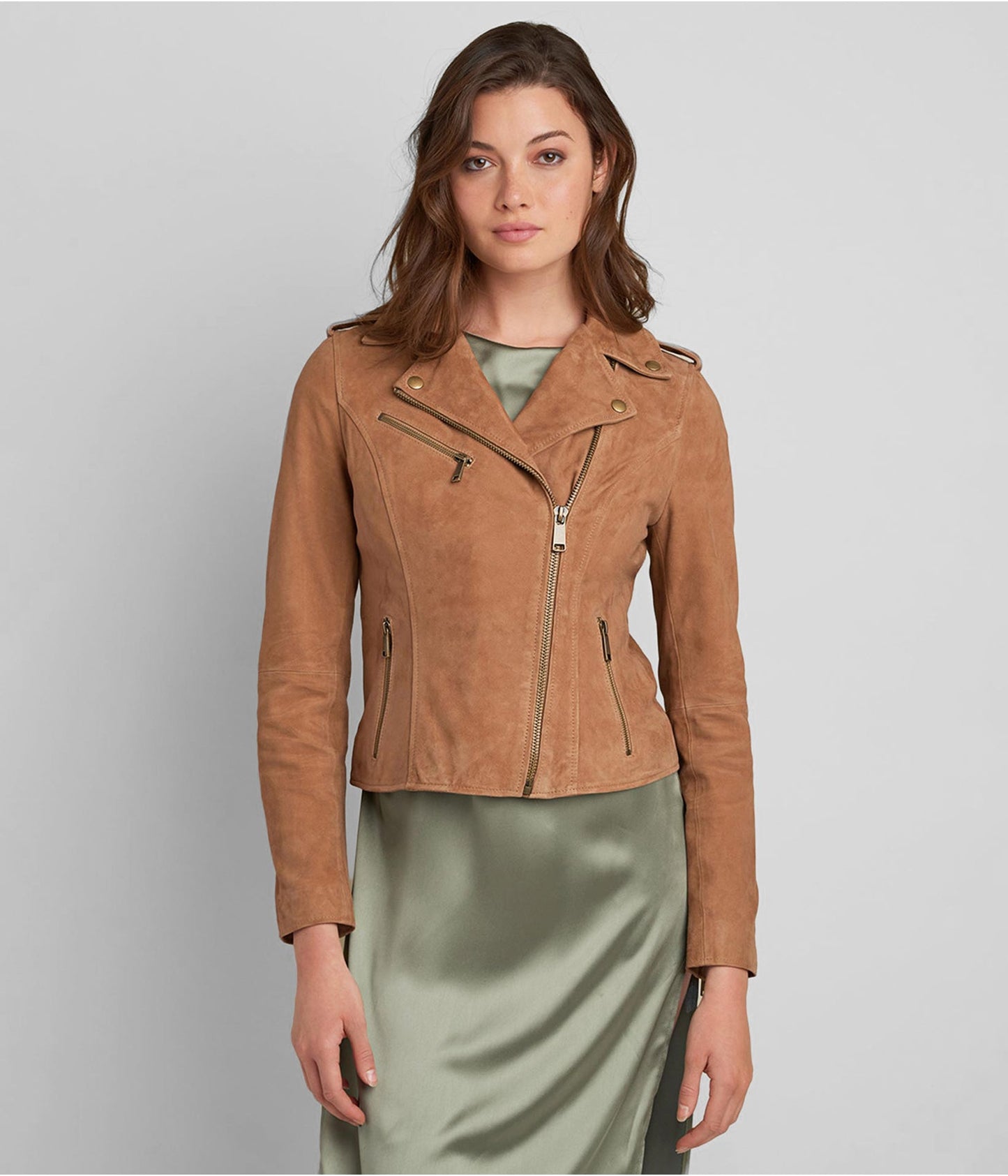 Women’s Suede Leather Moto Jacket in Tan Brown