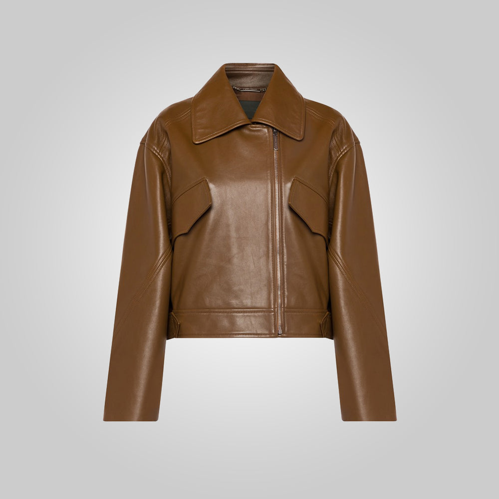 Women’s Brown Pointed Collar Plain Leather Jacket