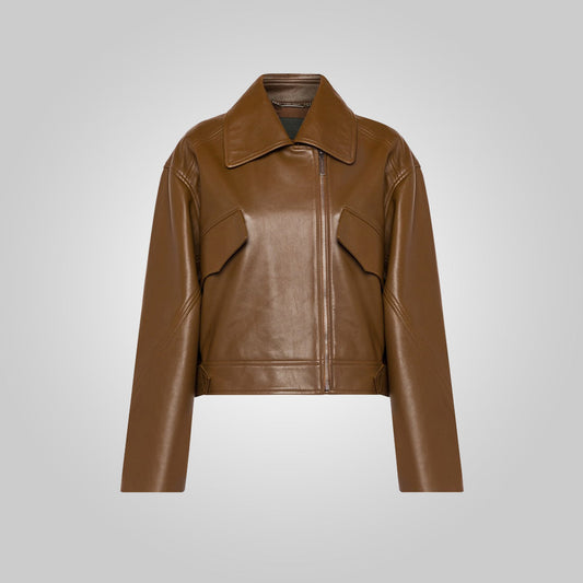 Women’s Brown Pointed Collar Plain Leather Jacket