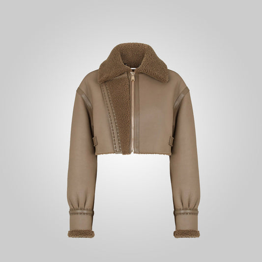 Women’s Cropped Brown Leather Jacket with Fur