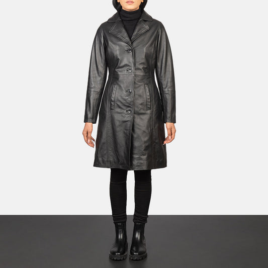 Alexis Black Single-Breasted Leather Coat Sophisticated & Timeless Elegance
