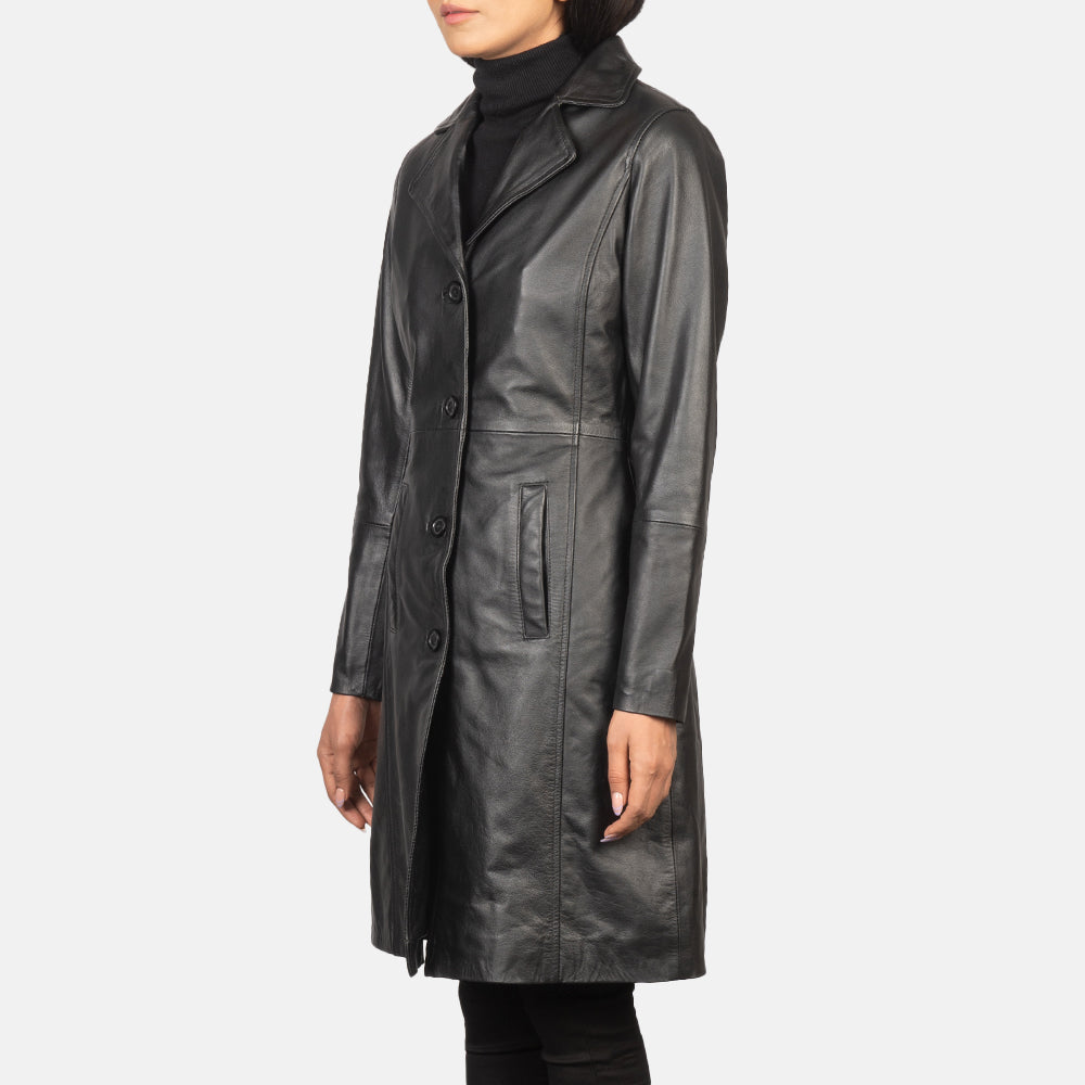 Alexis Black Single-Breasted Leather Coat Sophisticated & Timeless Elegance