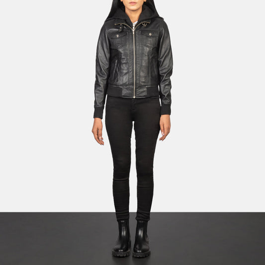 Roslyn Black Hooded Leather Bomber Jacket Bold, Stylish & Versatile