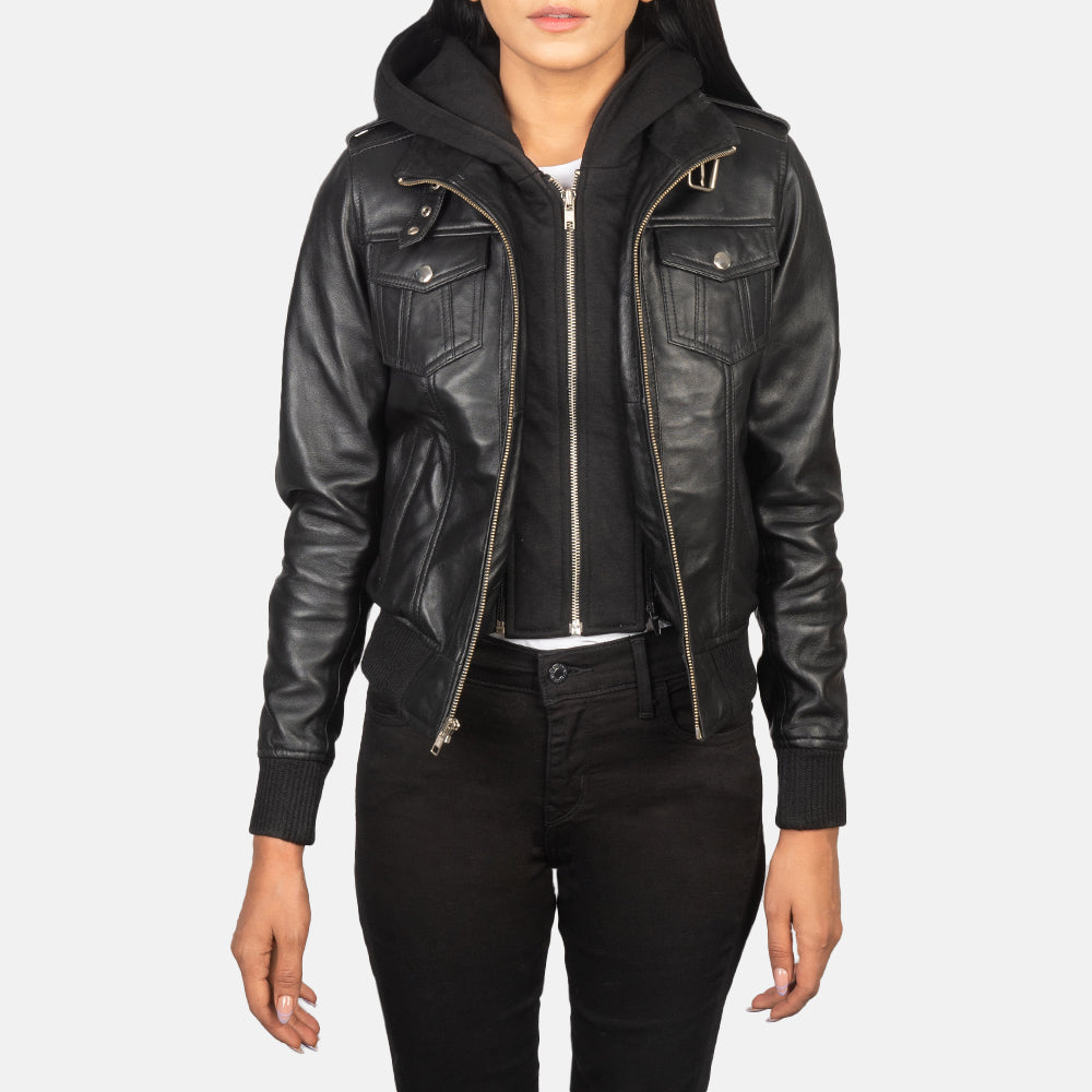Roslyn Black Hooded Leather Bomber Jacket Bold, Stylish & Versatile