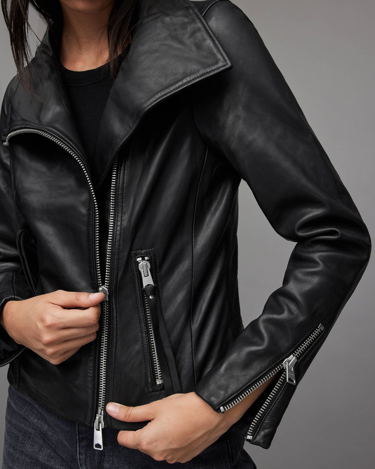 Women’s Leather Biker Jacket in Black with Wing Collar