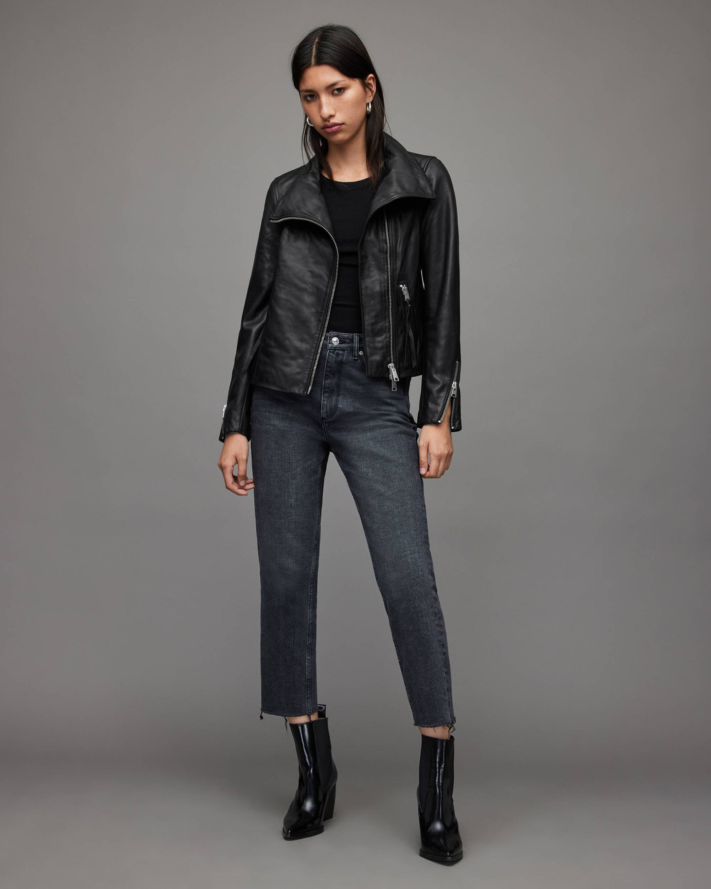 Women’s Leather Biker Jacket in Black with Wing Collar