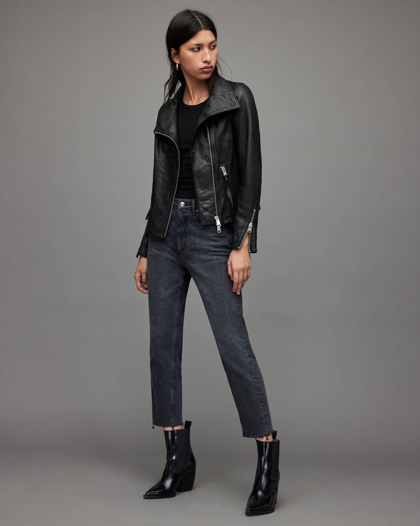 Women’s Leather Biker Jacket in Black with Wing Collar