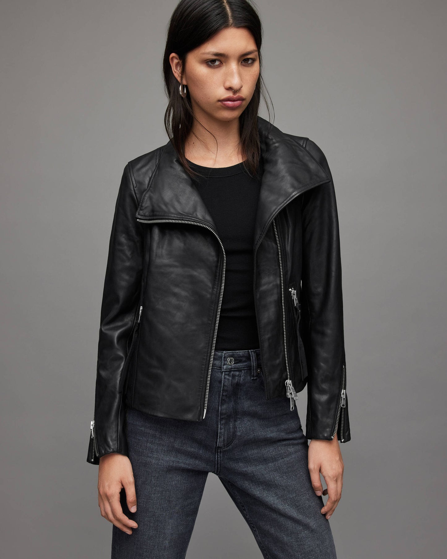 Women’s Leather Biker Jacket in Black with Wing Collar