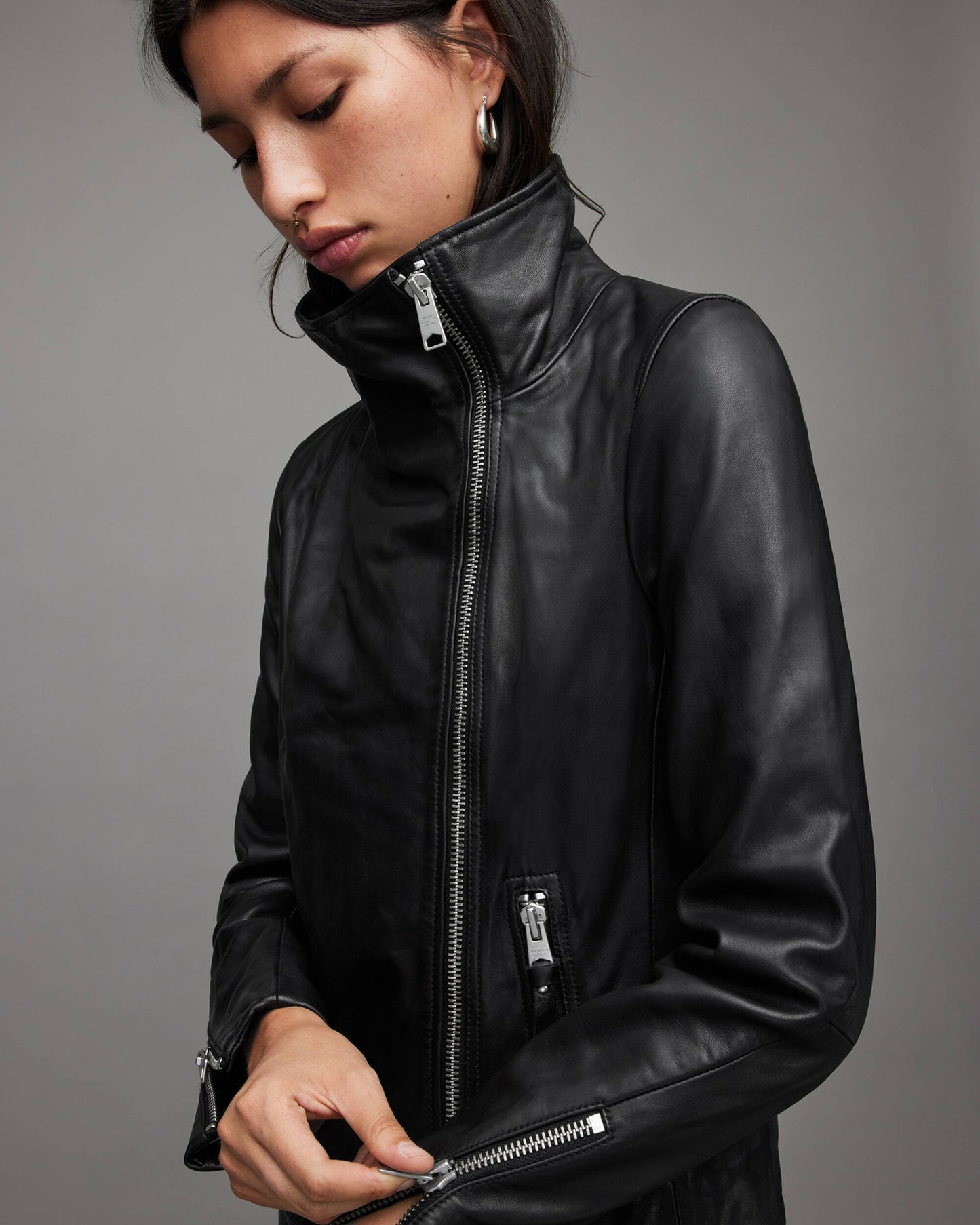 Women’s Leather Biker Jacket in Black with Wing Collar