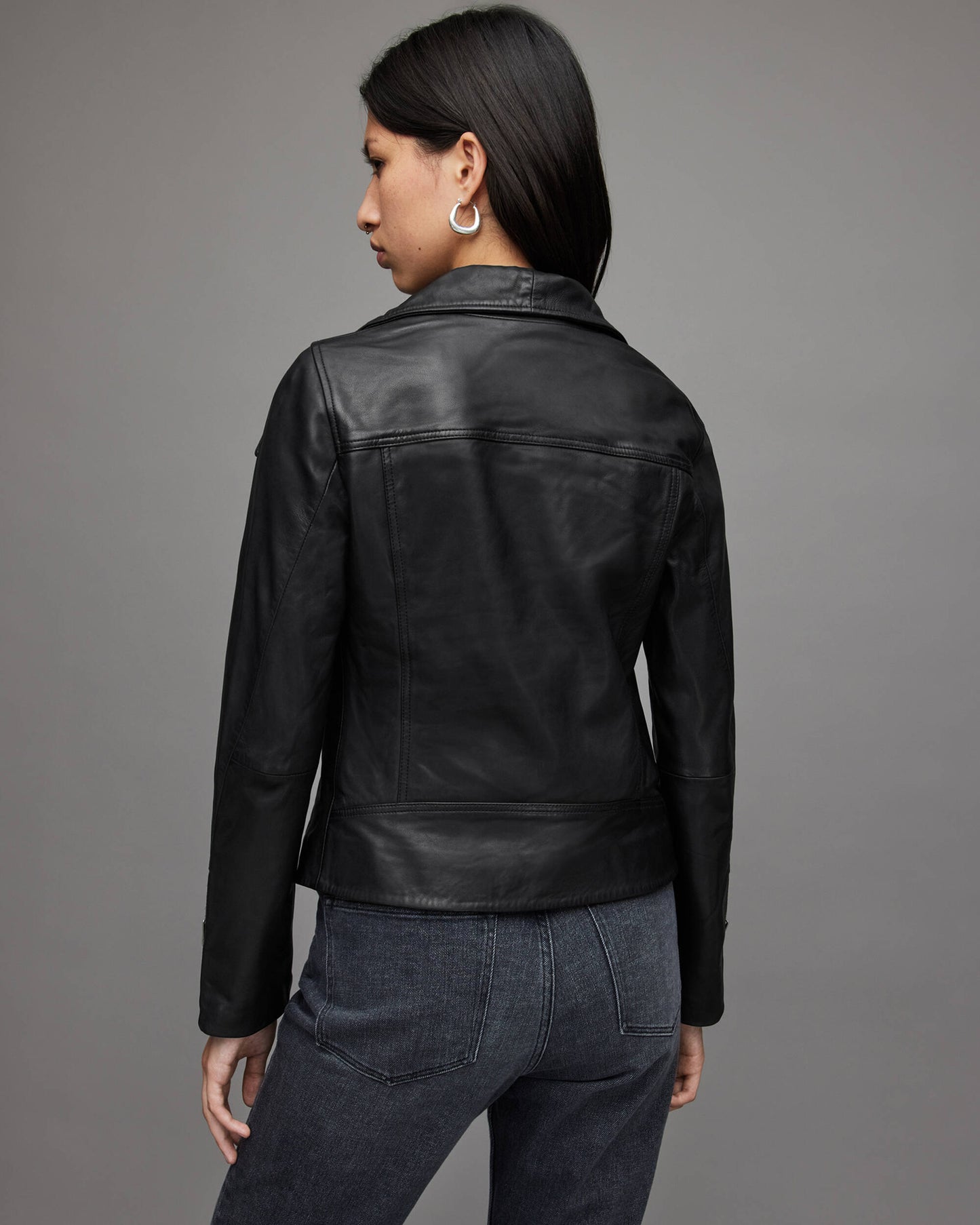 Women’s Leather Biker Jacket in Black with Wing Collar