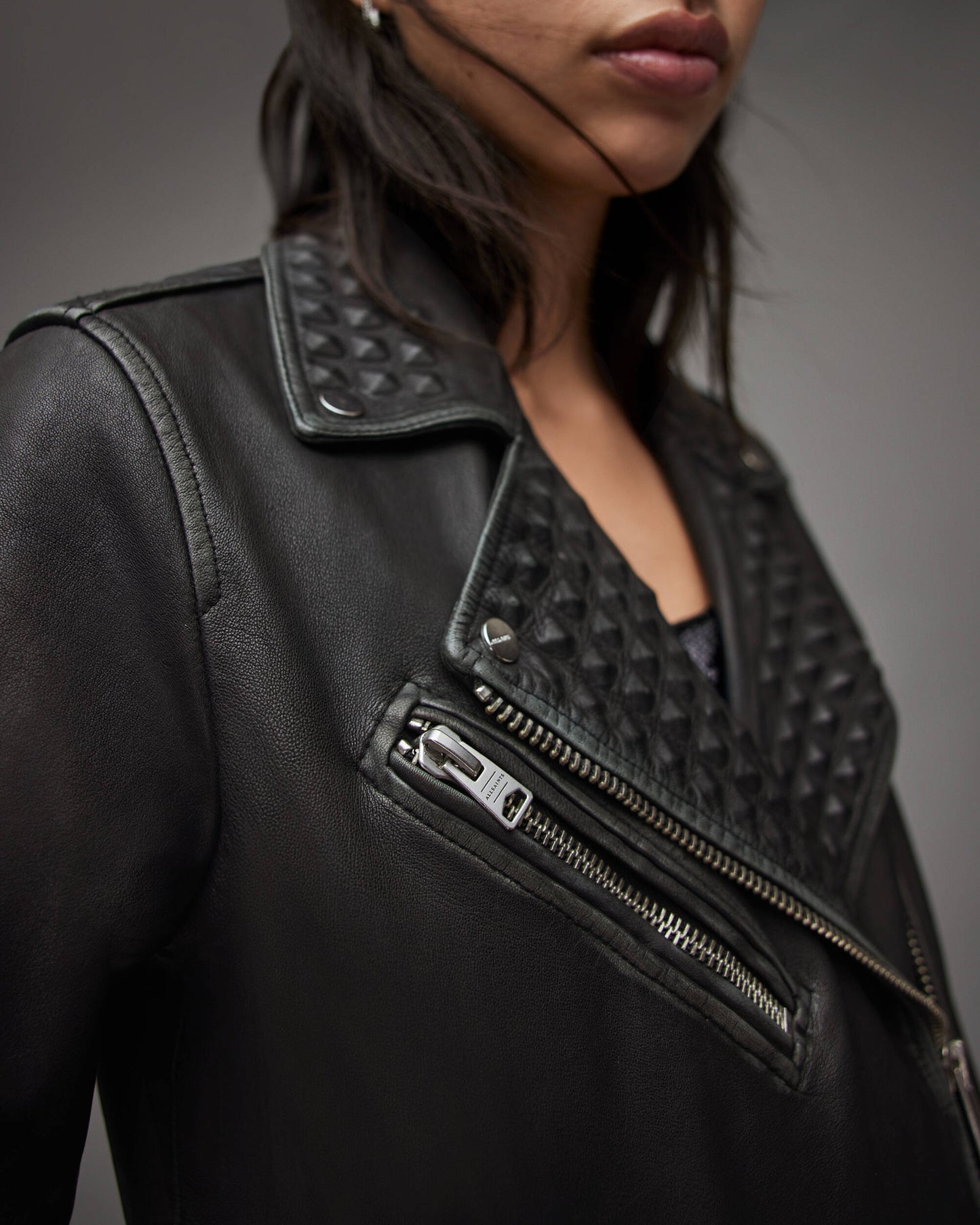 Women’s Studded Black Biker Leather Jacket With Belt