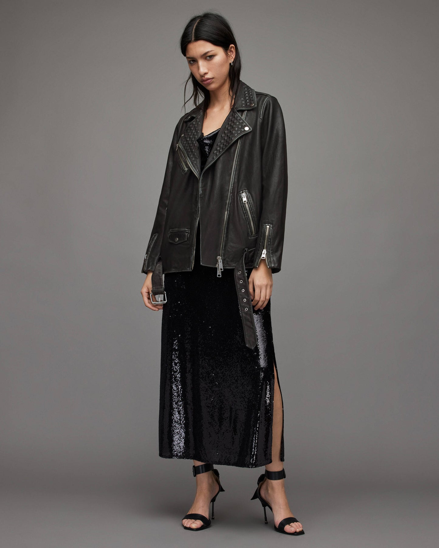 Women’s Studded Black Biker Leather Jacket With Belt