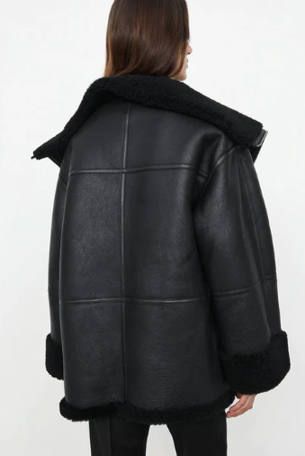 Women's Oversized Black Sheepskin Bomber Leather Jacket