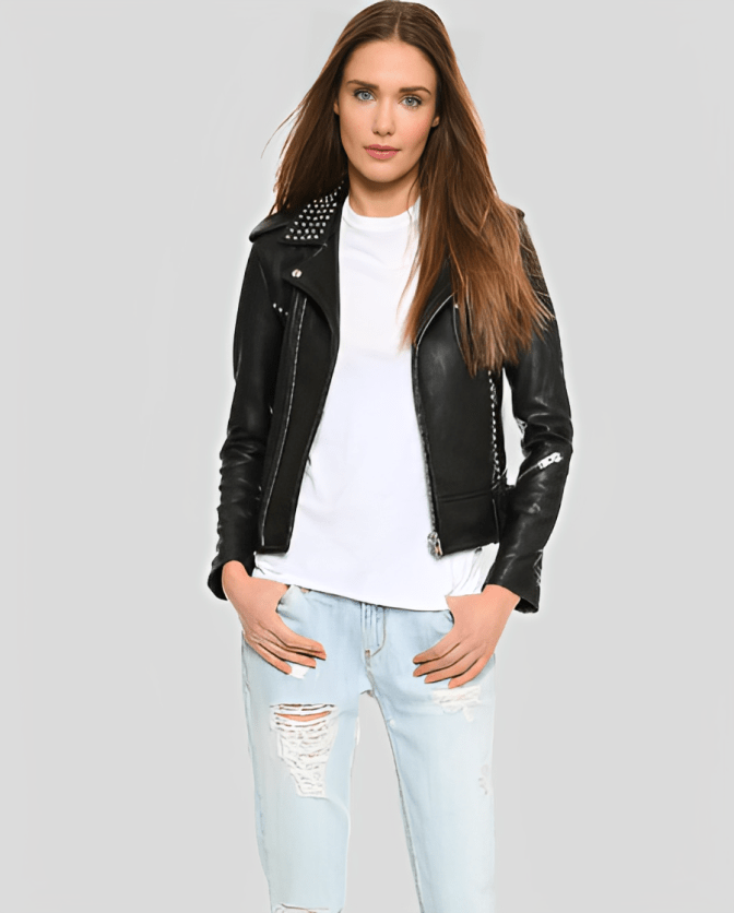 Women's Black Studded Biker Leather Jacket