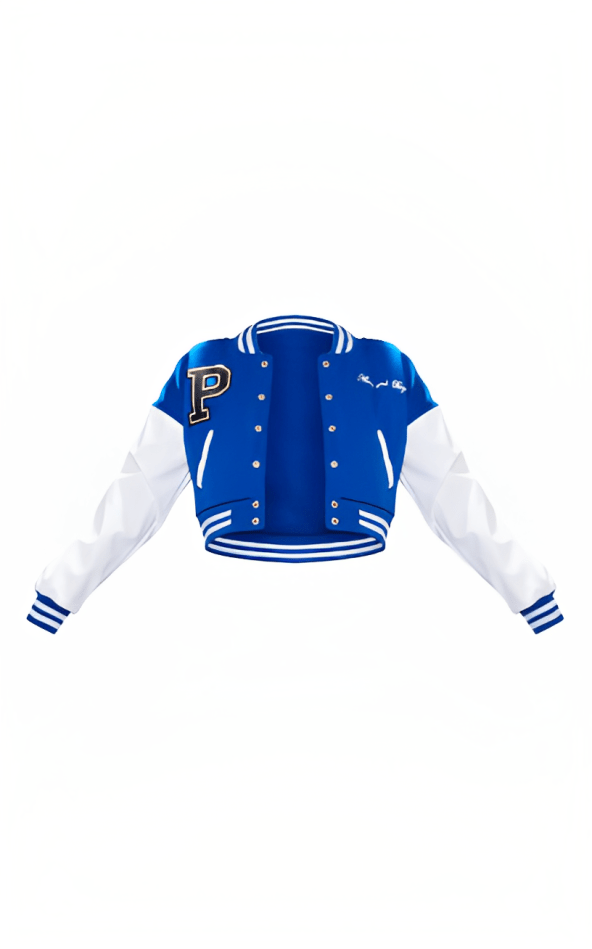 Women's Blue Cropped Varsity Bomber Leather Jacket
