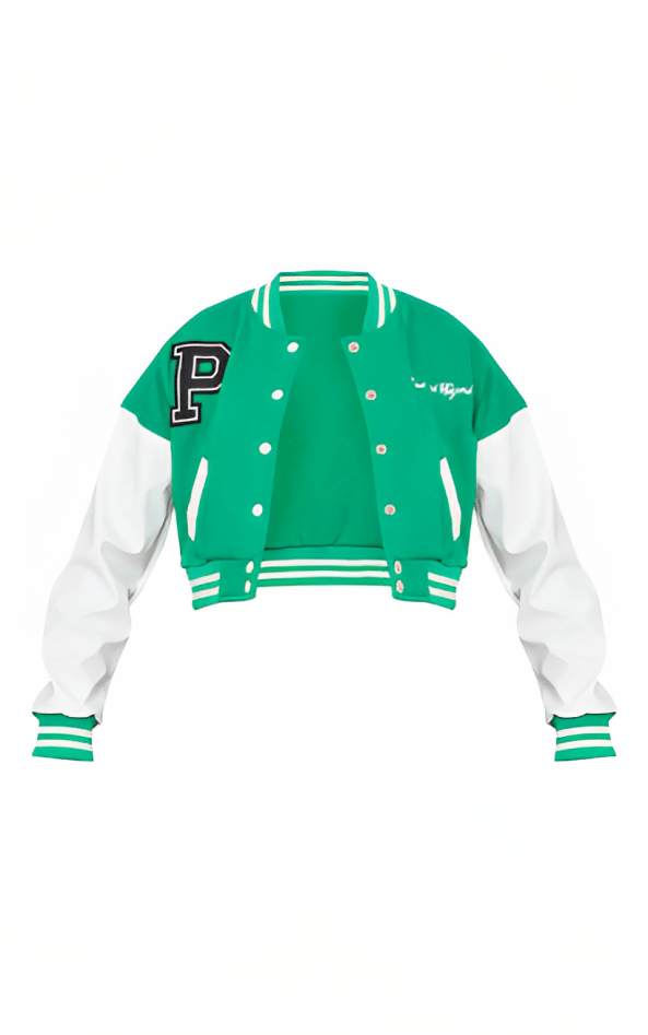 Women's Green Cropped Varsity Bomber Leather Jacket
