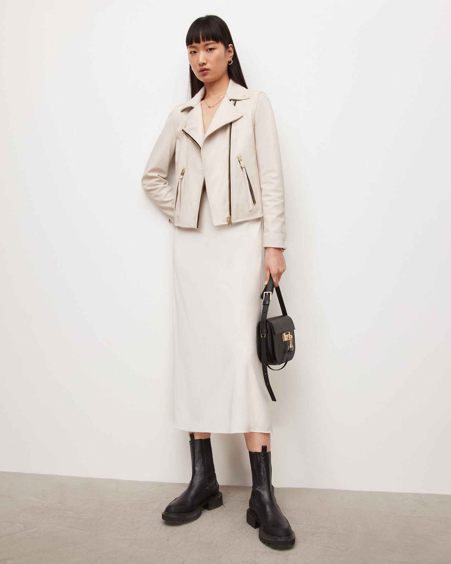 Women’s Leather Biker Jacket in Beige