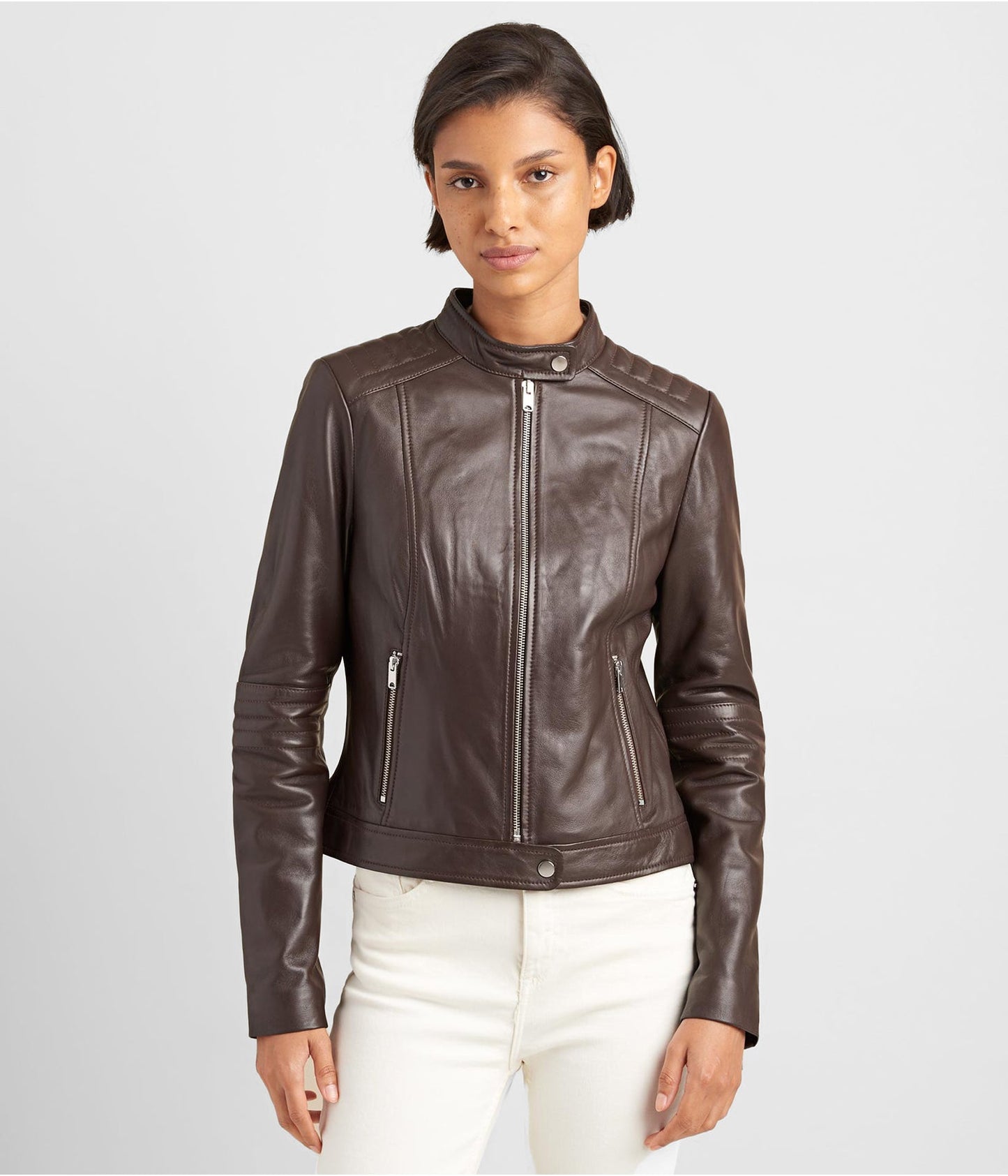 Women’s Leather Biker Jacket in Chocolate Brown