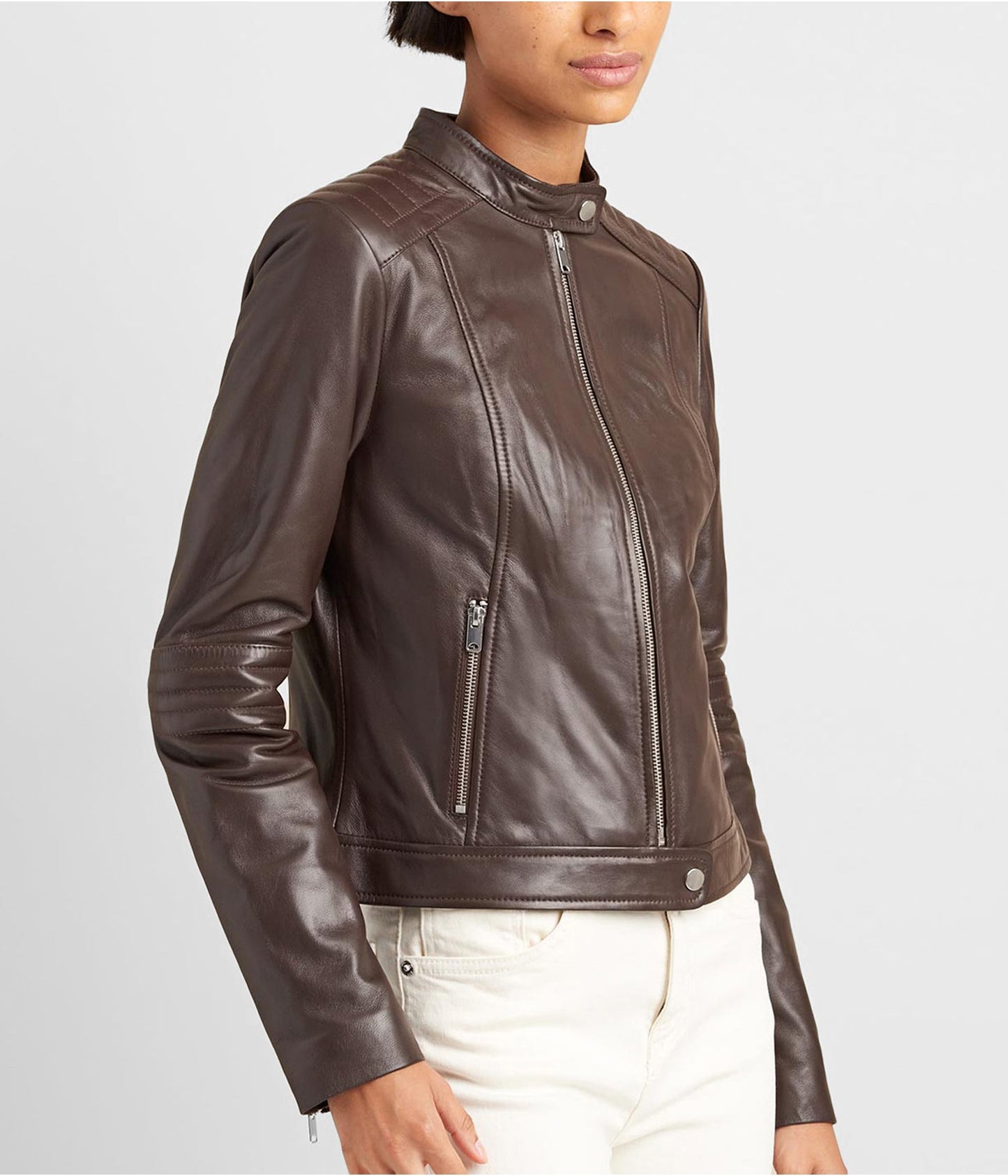 Women’s Leather Biker Jacket in Chocolate Brown