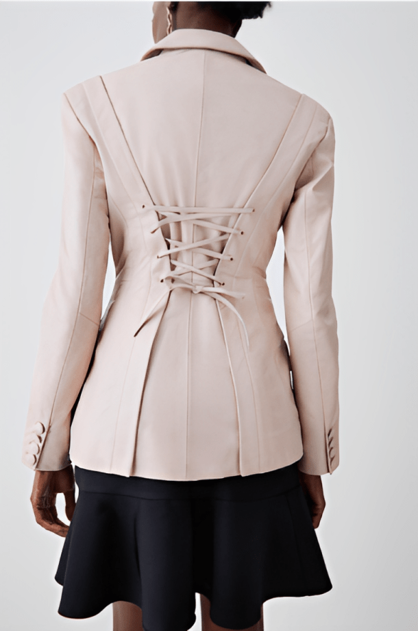 Women's Beige Leather Blazer with Corset Waist