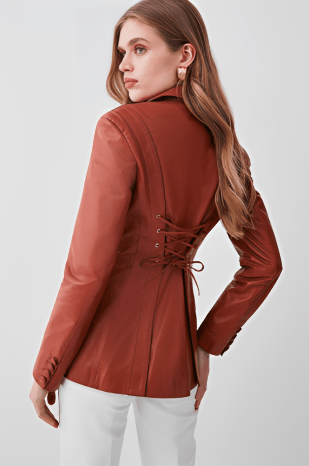 Women's Tan Brown Leather Blazer with Corset Waist