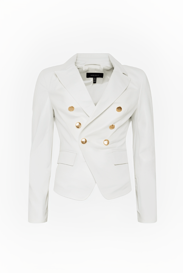 Women's White Leather Blazer with Golden Buttons