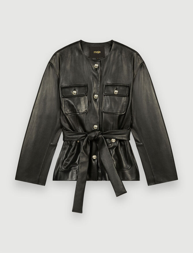 Women's Black Leather Jacket with Belted Waist