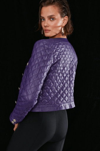 Women's Quilted Leather Trucker Jacket in Violet