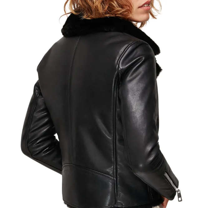 Women's Black Sheepskin Fur Leather Biker Jacket