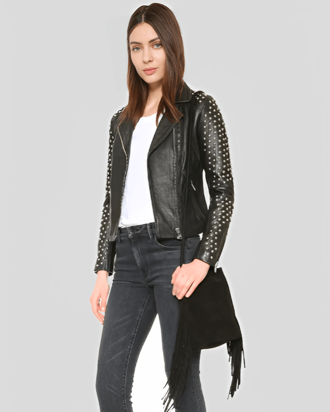 Women's Studded Black Leather Biker Jacket
