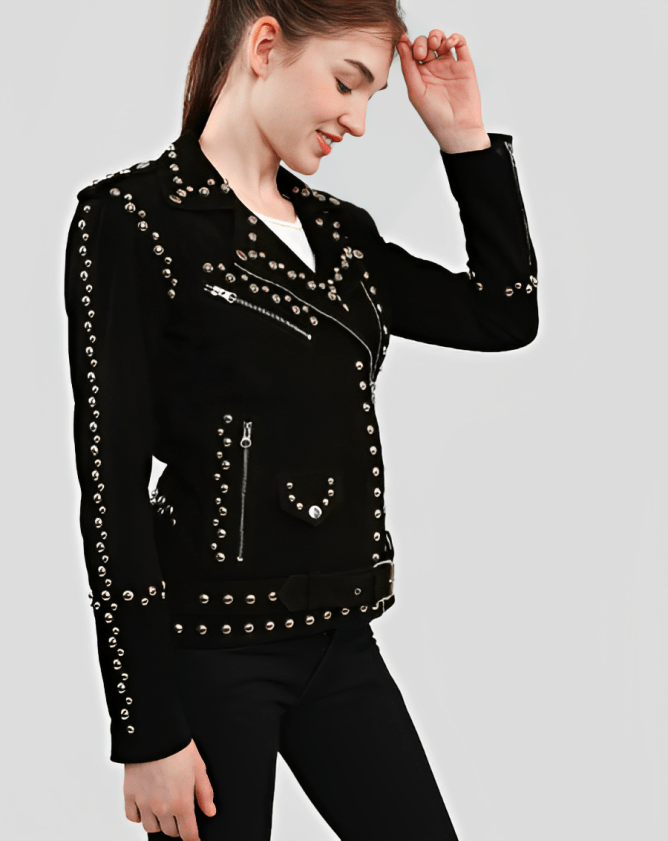 Women's Black Studded Suede Leather Biker Jacket