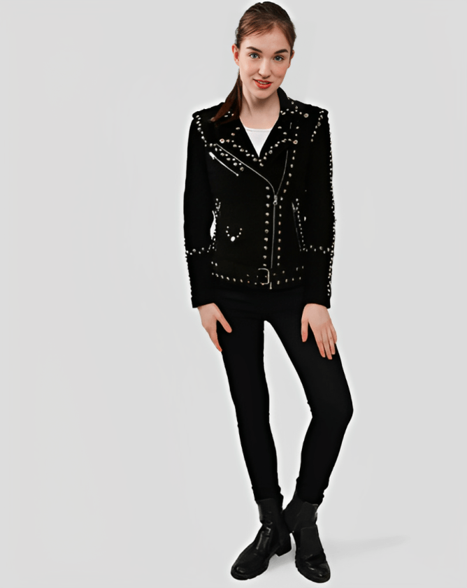 Women's Black Studded Suede Leather Biker Jacket