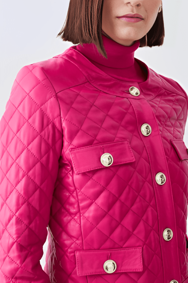 Women's Quilted Leather Trucker Jacket in Pink