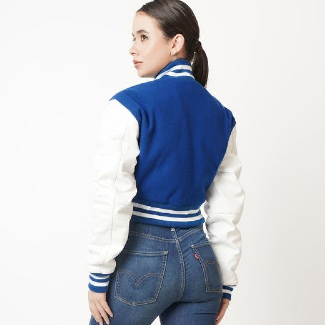 Women's Blue & White Sleeves Cropped Letterman Leather Jacket