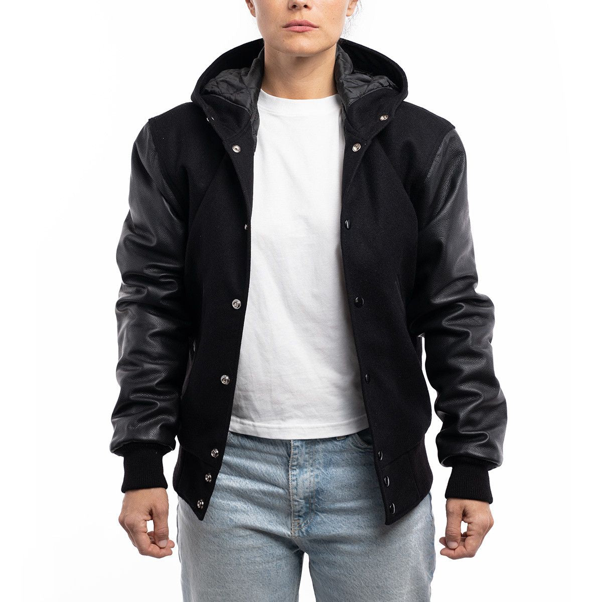 Women's Black Hooded Varsity Leather Jacket