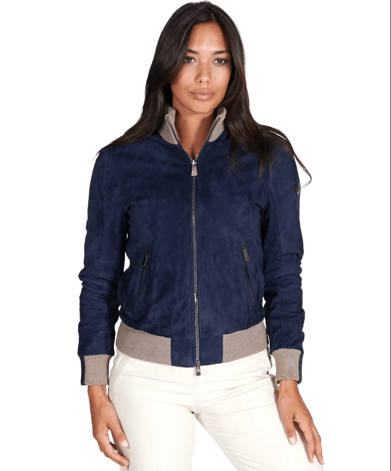 Women's Royal Blue Suede Bomber Leather Jacket