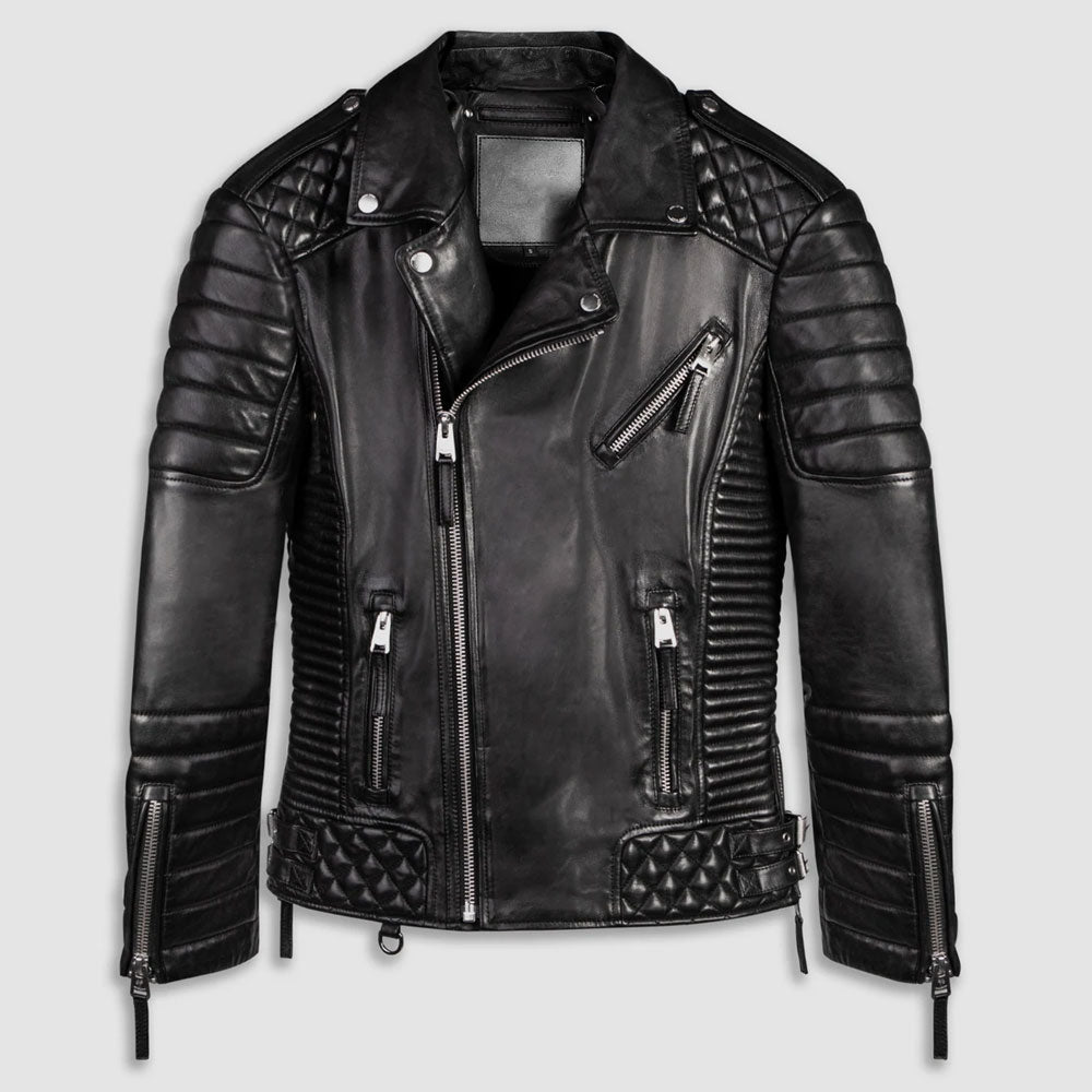 Avanzar Leather Black Quilted Biker Leather Jacket for Men