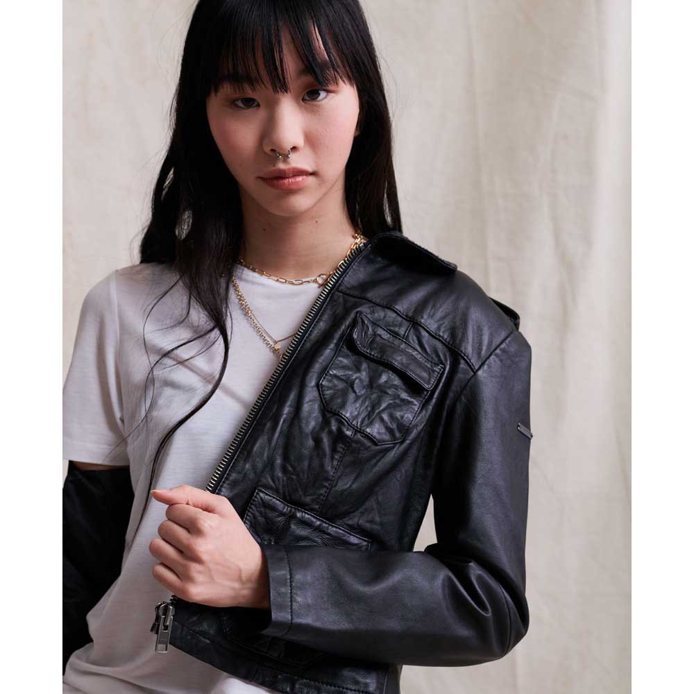 Women's Black Harrington Trucker Leather Jacket with Classic Fit