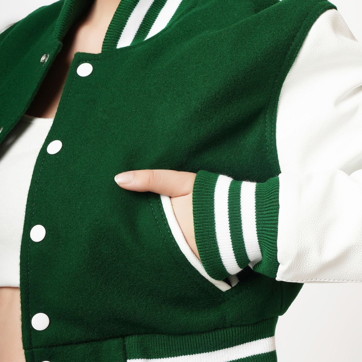 Women's Green & White Sleeves Cropped Varsity Leather Jacket