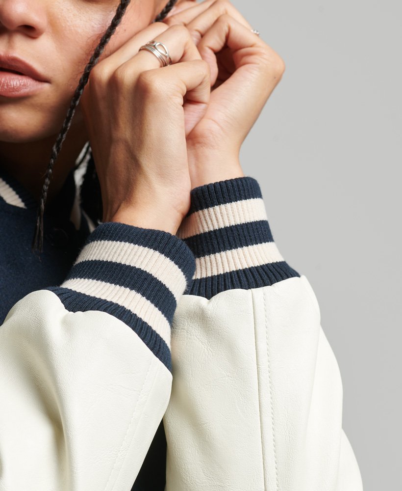 Women's Black & White Sleeves Varsity Bomber Leather Jacket