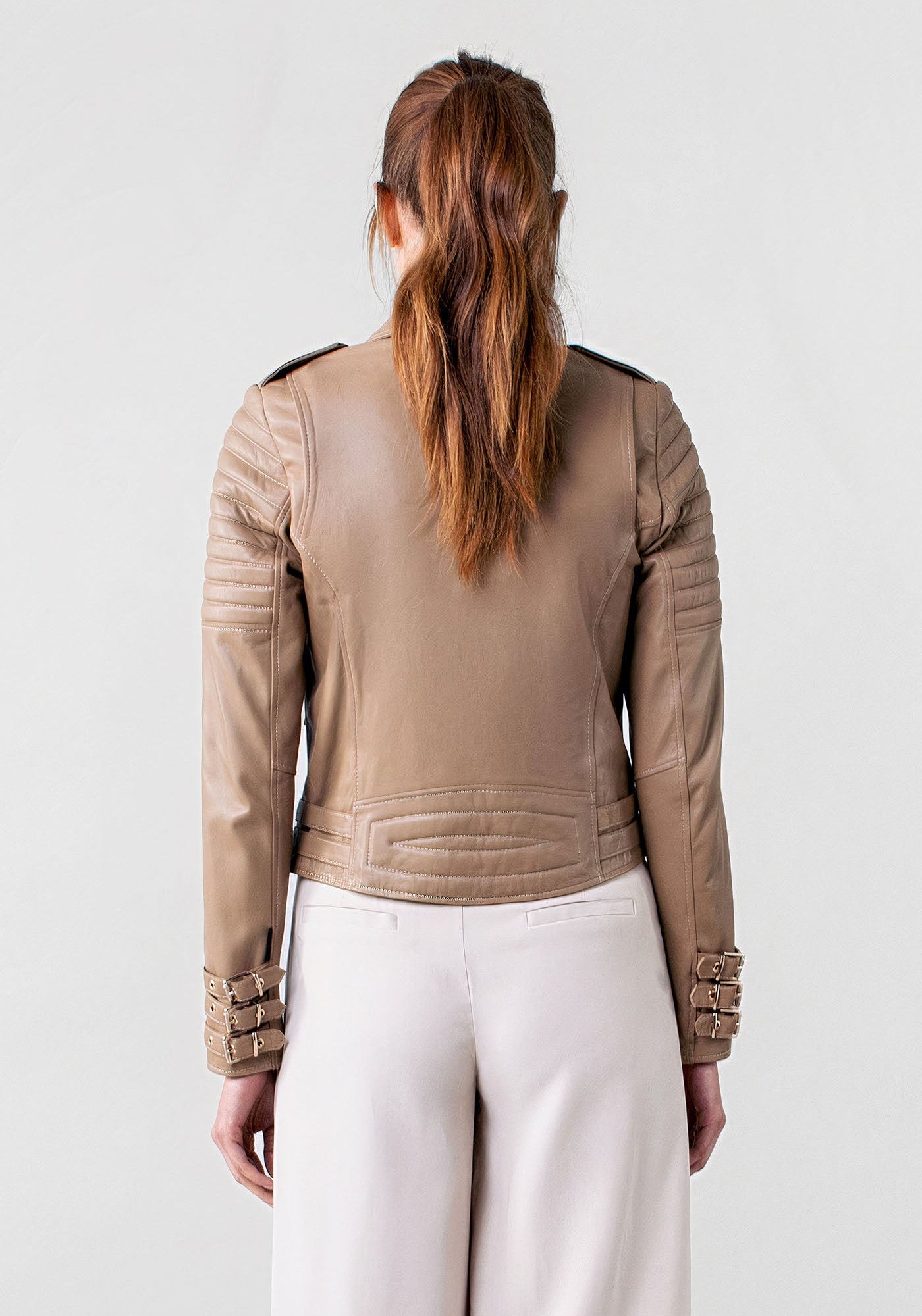 Women's Beige Biker Cafe Racer Leather Jacket