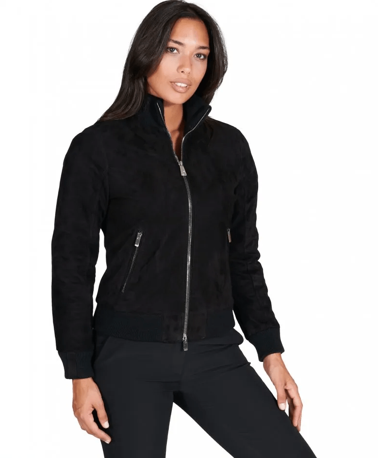 Women's Black Suede Leather Bomber Jacket