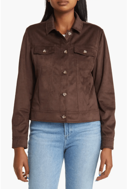 Women's Coffee Brown Suede Leather Trucker Jacket