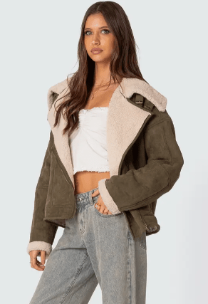Women's Khaki Suede Shearling Leather Jacket