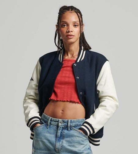 Women's Black & White Sleeves Varsity Bomber Leather Jacket