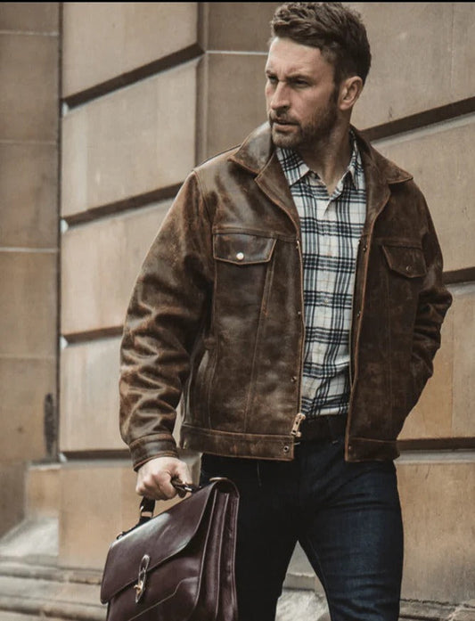 Men's Trucker Distressed Dark Brown Leather Jacket Rugged Style Redefined