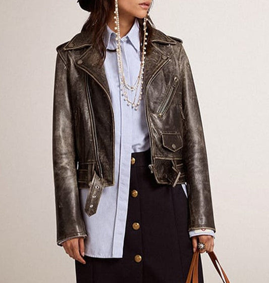 Women's Black Distressed Biker Leather Jacket
