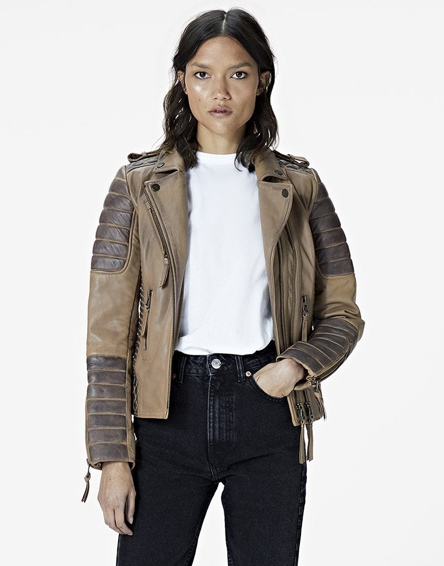 Women's Beige Cafe Racer Leather Jacket with Gray Quilts