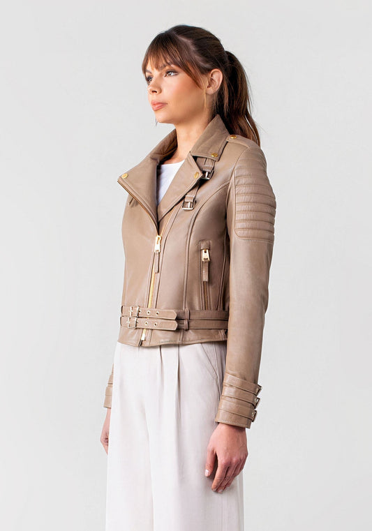 Women's Beige Biker Cafe Racer Leather Jacket
